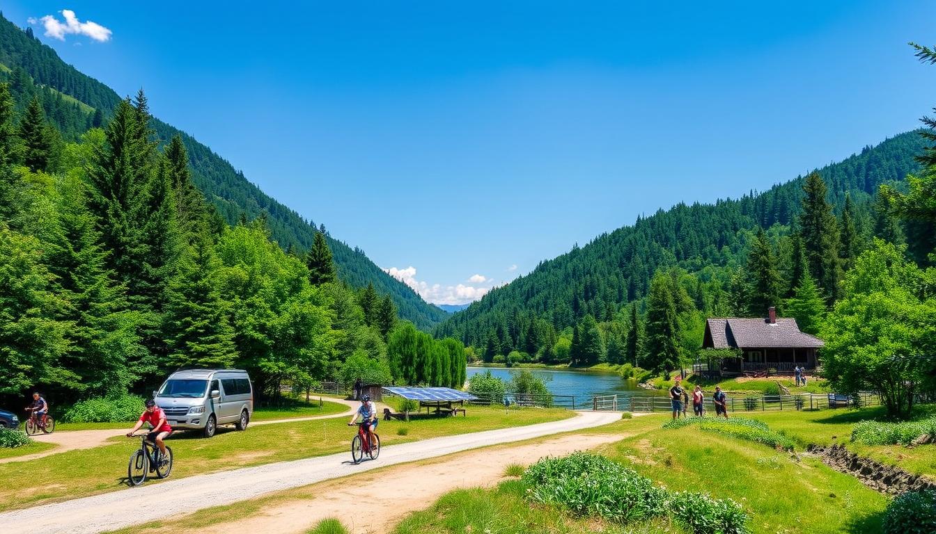 Eine malerische Landschaft mit Radfahrern und einem Fahrzeug an einem ruhigen See, umgeben von üppig grünen Bergen unter einem klaren blauen Himmel.