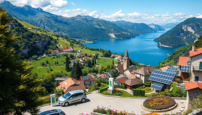 Ein malerischer Blick auf ein Seeuferdorf mit grünen Hügeln, einem Kirchturm und Solarpanels, unter einem klaren blauen Himmel mit Bergen im Hintergrund.