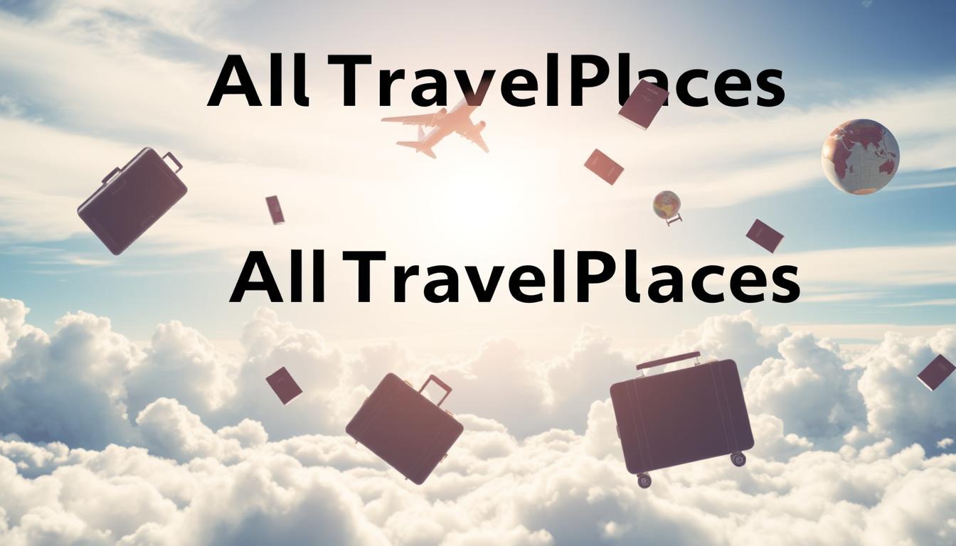 Eine lebendige Himmelszene mit schwebenden Koffern, einem Flugzeug und Globen, mit dem Text "All TravelPlaces", der auffällig angezeigt wird.