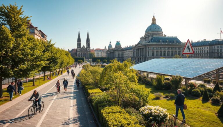 Blick auf eine sonnige Stadtstraße, die von Bäumen gesäumt ist, mit Menschen, die zu Fuß gehen und Rad fahren, und historischen Gebäuden sowie Solarpanels im Vordergrund.