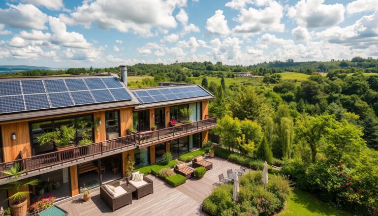 Ein modernes Holzhaus mit Solarpanels bietet einen Blick auf grüne Hügel und einen gestalteten Garten mit Sitzgelegenheiten im Freien und Topfpflanzen.