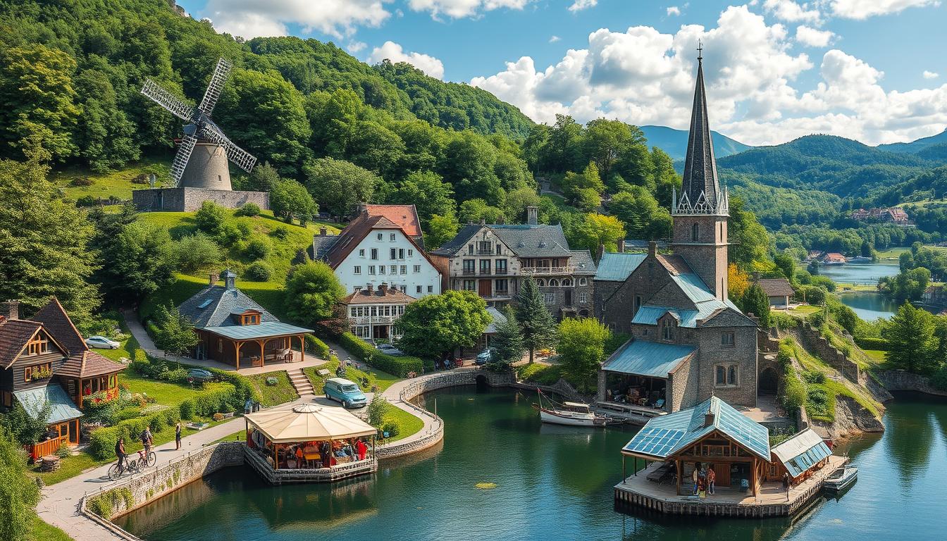 Ein malerisches Dorf mit einer Windmühle, einer Kirche und charmanten Häusern umgibt einen ruhigen See, unter einem klaren Himmel und üppigem Grün.