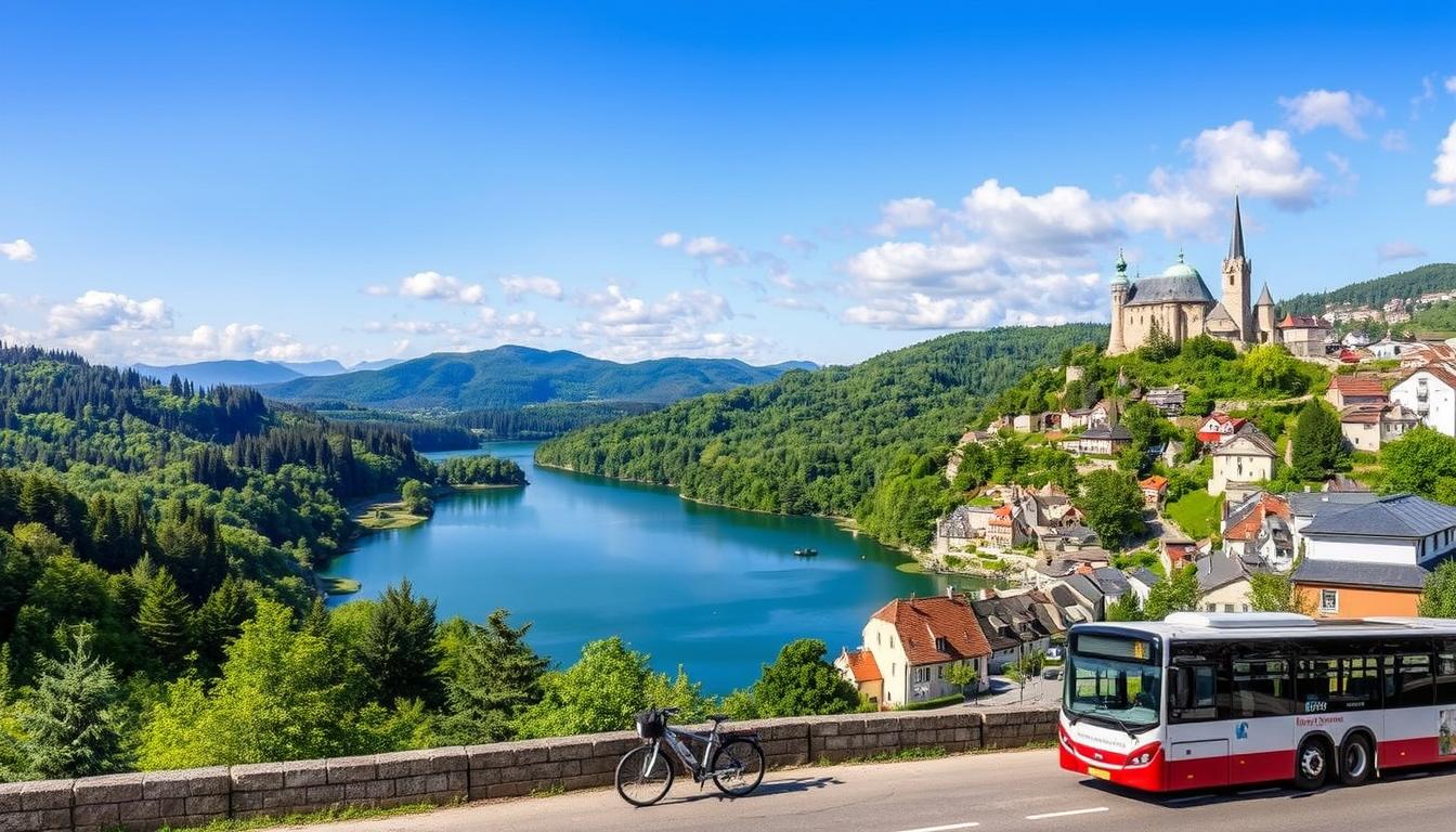 Ein schöner Blick auf einen ruhigen See, grüne Hügel, eine historische Kirche, bunte Häuser, einen Bus und ein Fahrrad in einer lebendigen Außenszene.