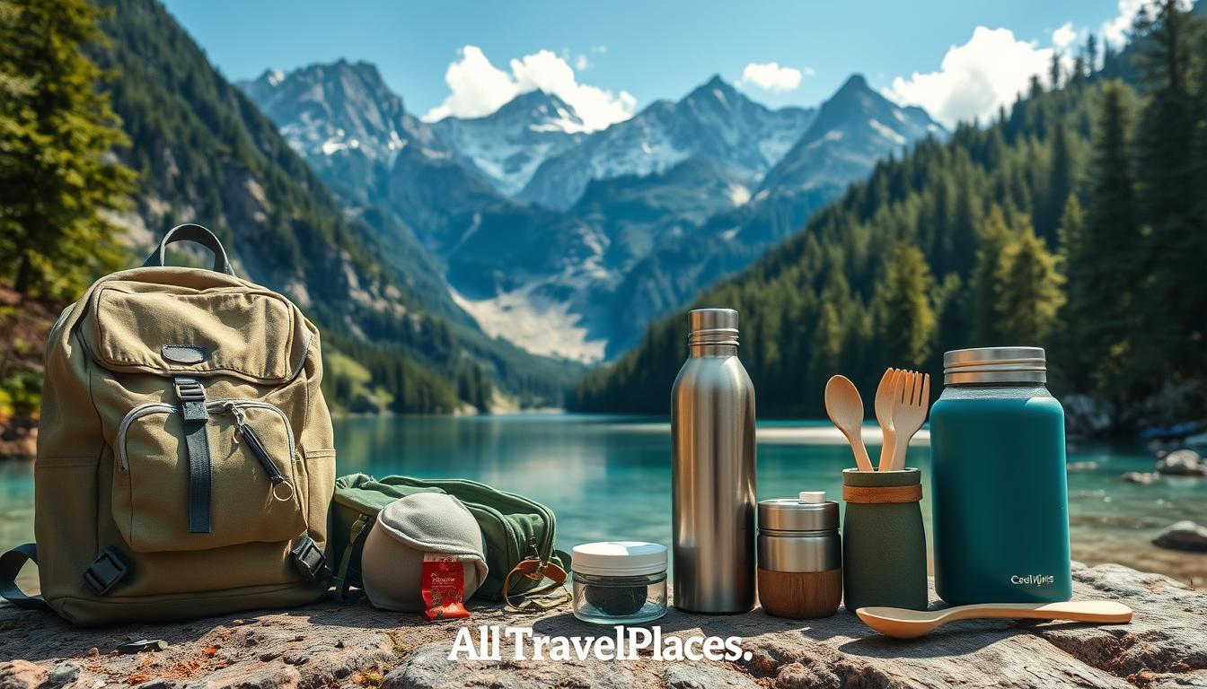 Backpacking-Ausrüstung, die an einem ruhigen See arrangiert ist, mit einem Rucksack, einer Wasserflasche, Behältern und Utensilien, während Berge im Hintergrund zu sehen sind.