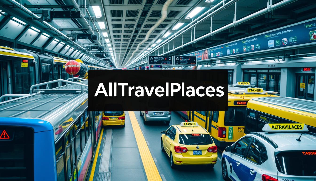 Ein belebter urbaner Verkehrsknotenpunkt mit Bussen und Taxis, wobei der Text "AllTravelPlaces" deutlich im Vordergrund zu sehen ist.