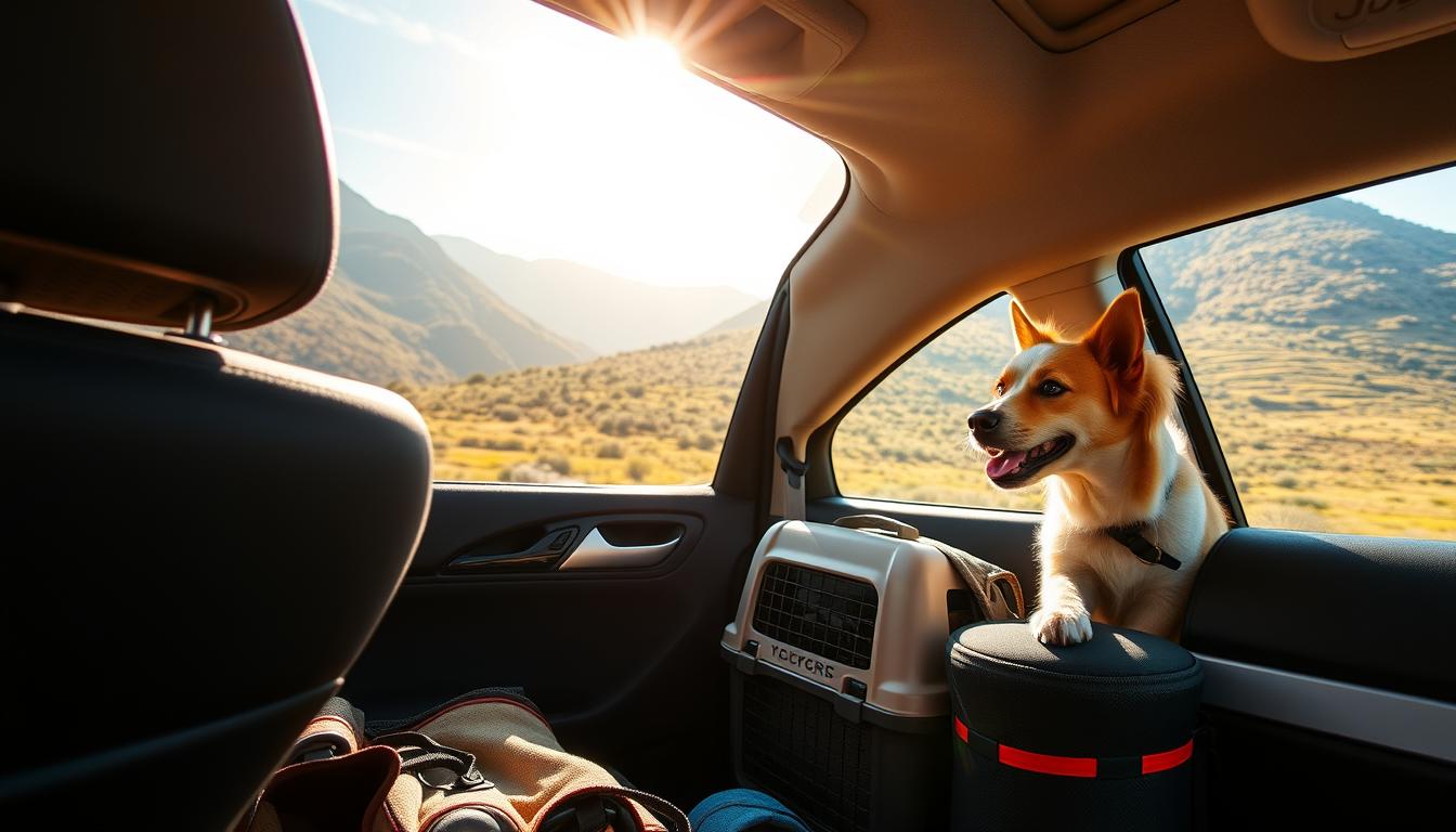 Ein glücklicher Hund sitzt im Auto und genießt eine sonnige Fahrt durch eine bergige Landschaft, während Taschen und ein Haustierträger im Blick sind.