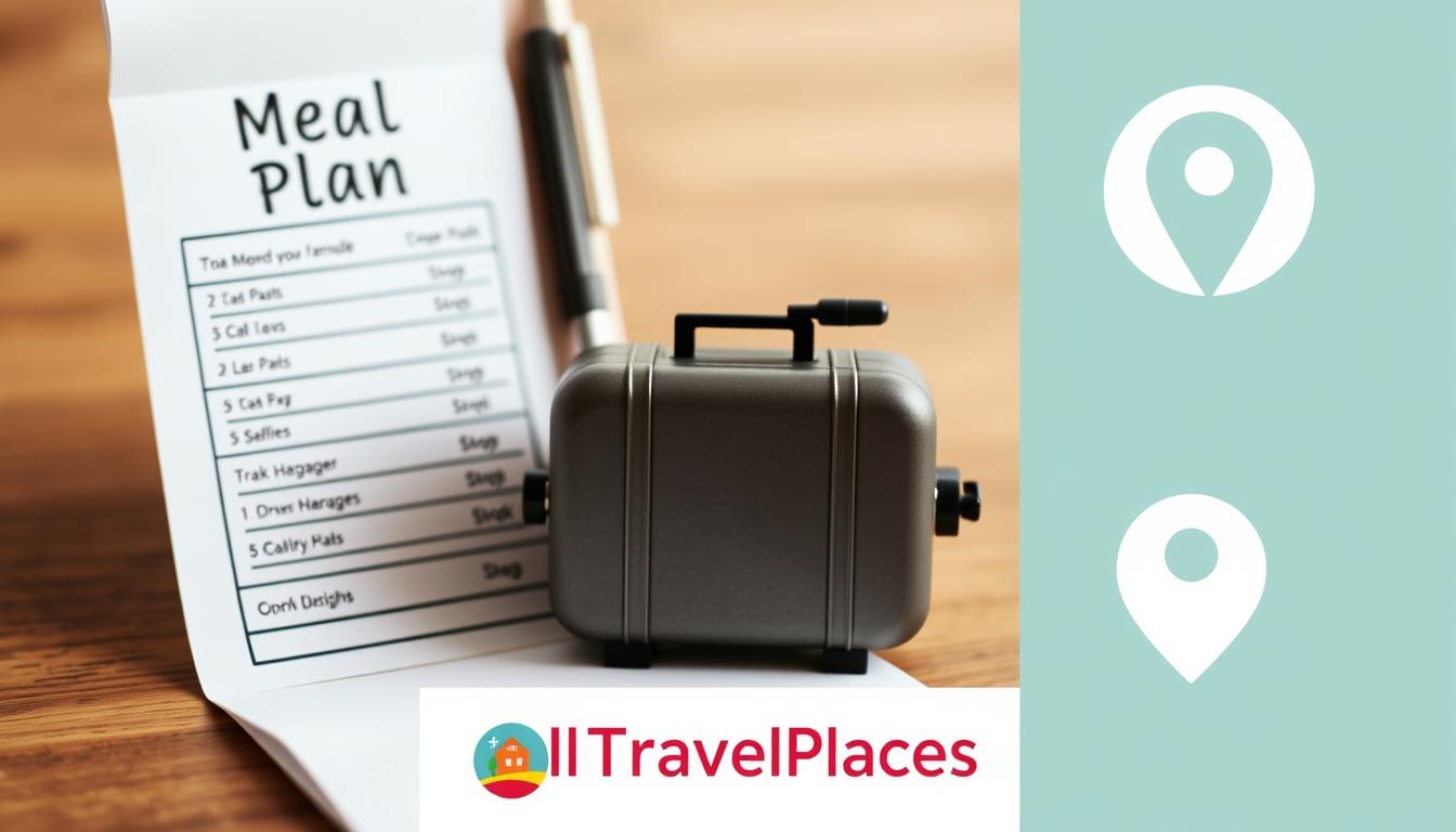 A miniature suitcase sits beside a meal plan sheet and a pen, with a logo for "Travel Places" visible below.