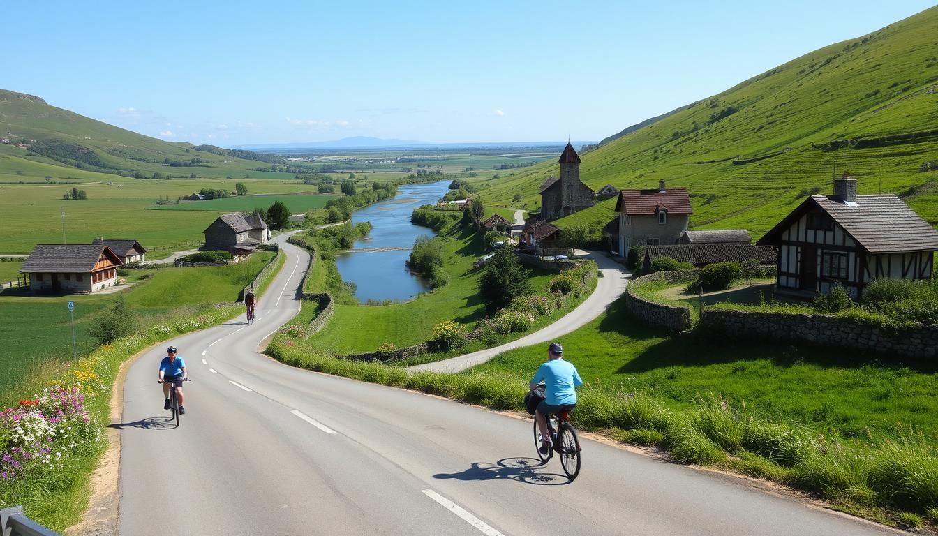 Zwei Radfahrer fahren entlang einer kurvigen Straße neben einem ruhigen Fluss, mit charmanten Häusern und grünen Hügeln im Hintergrund.