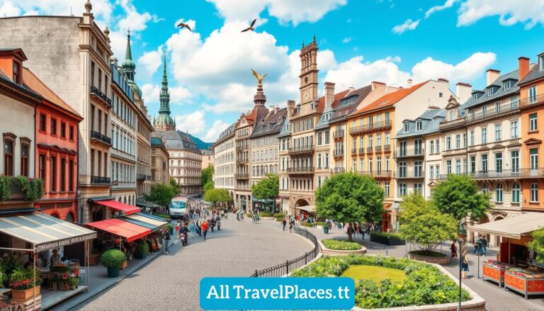 Eine charmante Straßenszene mit bunten Gebäuden, Gärten, Menschen, die spazieren gehen, und Vögeln im strahlend blauen Himmel einer europäischen Stadt.