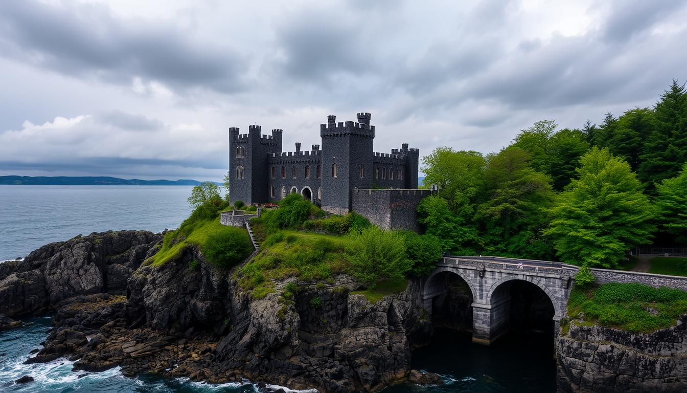 Ein dunkles, mittelalterliches Schloss, das auf felsigen Klippen am Meer thront, umgeben von grünem Bewuchs und unter einem bewölkten Himmel.