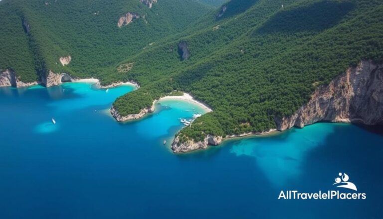 Luftaufnahme einer atemberaubenden türkisfarbenen Bucht, umgeben von grünen Hügeln und felsigen Klippen. Ideal für Strandbesucher und Naturliebhaber.