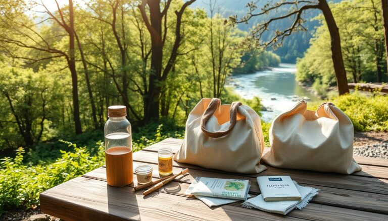 Ein ruhiges Picknick-Setup im Freien mit zwei Taschen, einer Wasserflasche, Snacks, einem Notizbuch und einem Hintergrund aus üppigen Bäumen und einem Fluss.