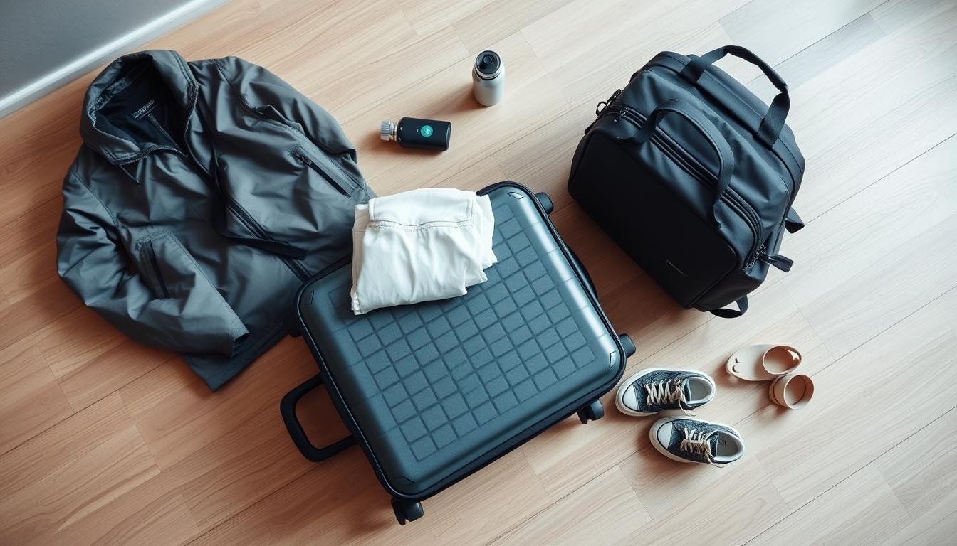 Ein Reise-Setup mit einer grauen Jacke, einem schwarzen Koffer mit Kleidung, einer Flasche und zwei Taschen neben bequemen Schuhen auf einem Holzboden.